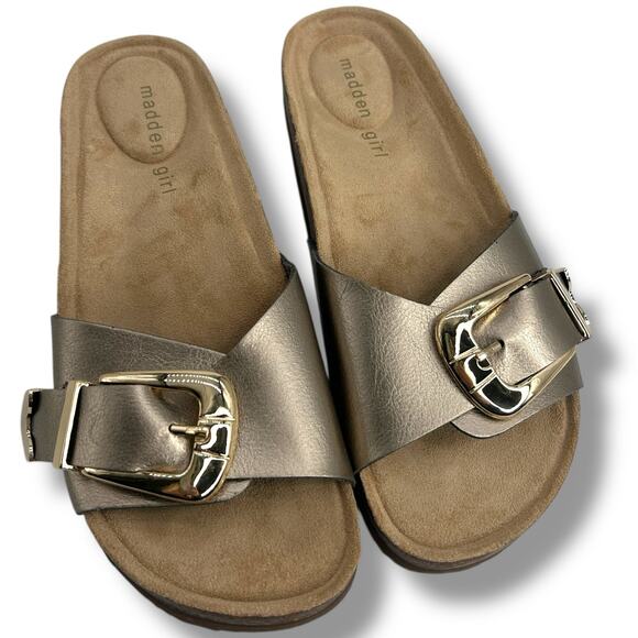 NEW Madden Girl Brookk Buckled Footbed Slides Size 6.5 Metallic Taupe Sandals - Picture 1 of 10